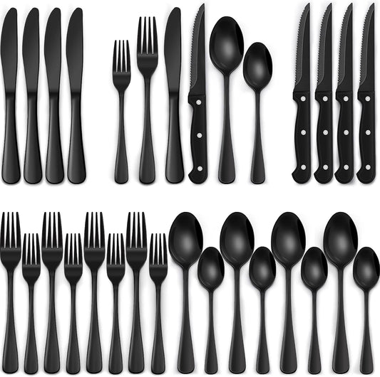 Black Silverware Set with Steak Knives, Black Flatware