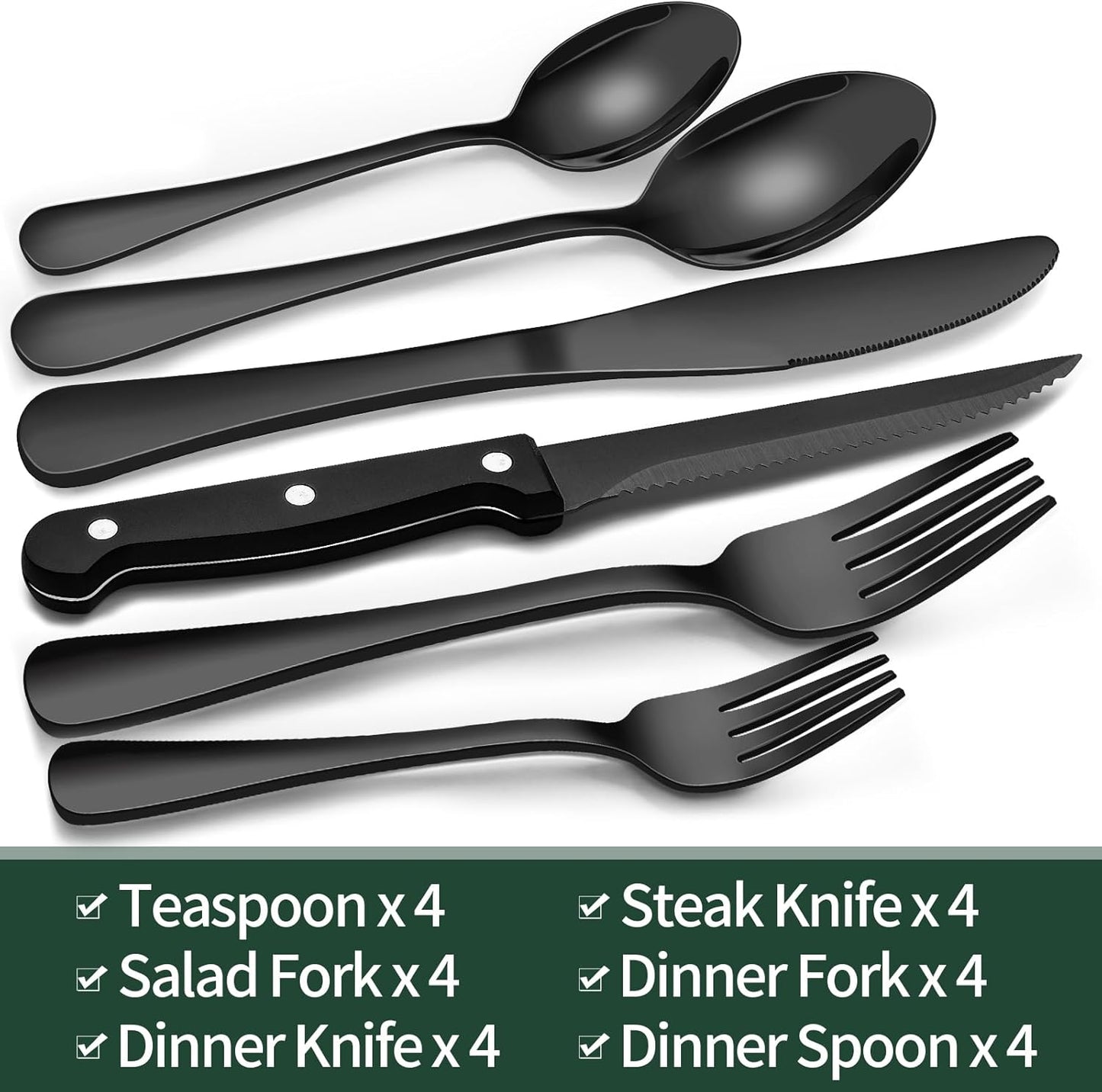 Black Silverware Set with Steak Knives, Black Flatware