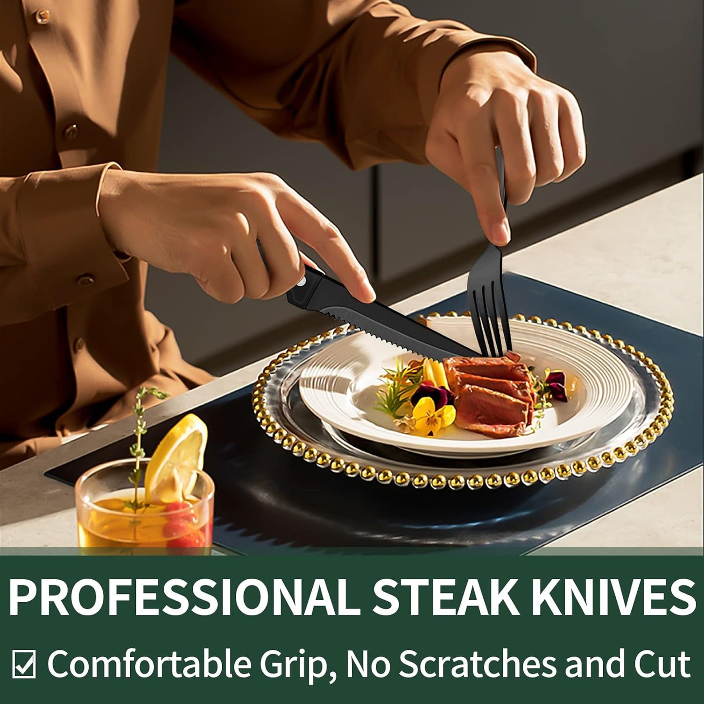 Black Silverware Set with Steak Knives, Black Flatware